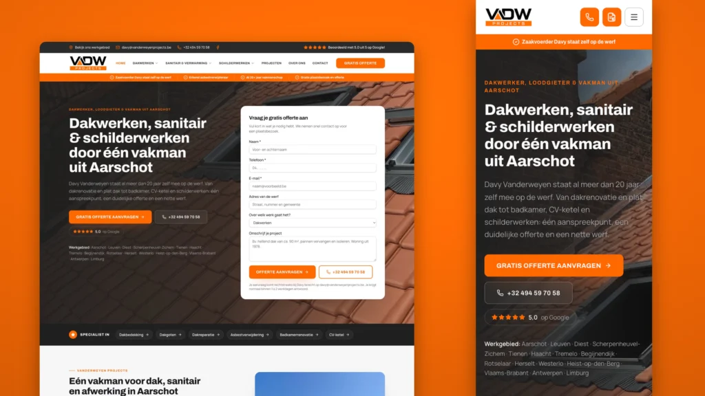 Website van Vanderweyen Projects op computer en smartphone