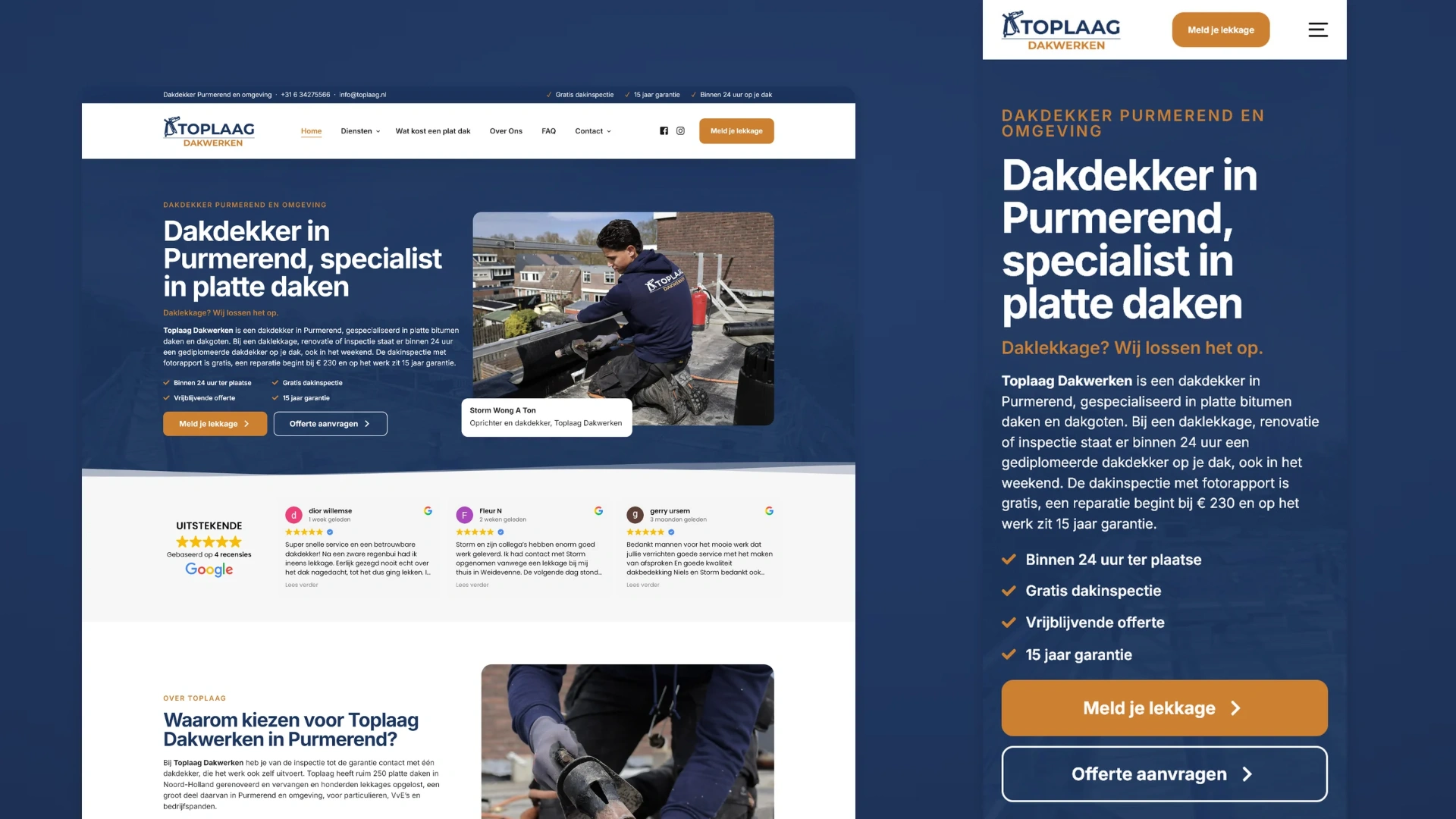 Websitevoorbeeld van Toplaag Dakwerken op computer en smartphone